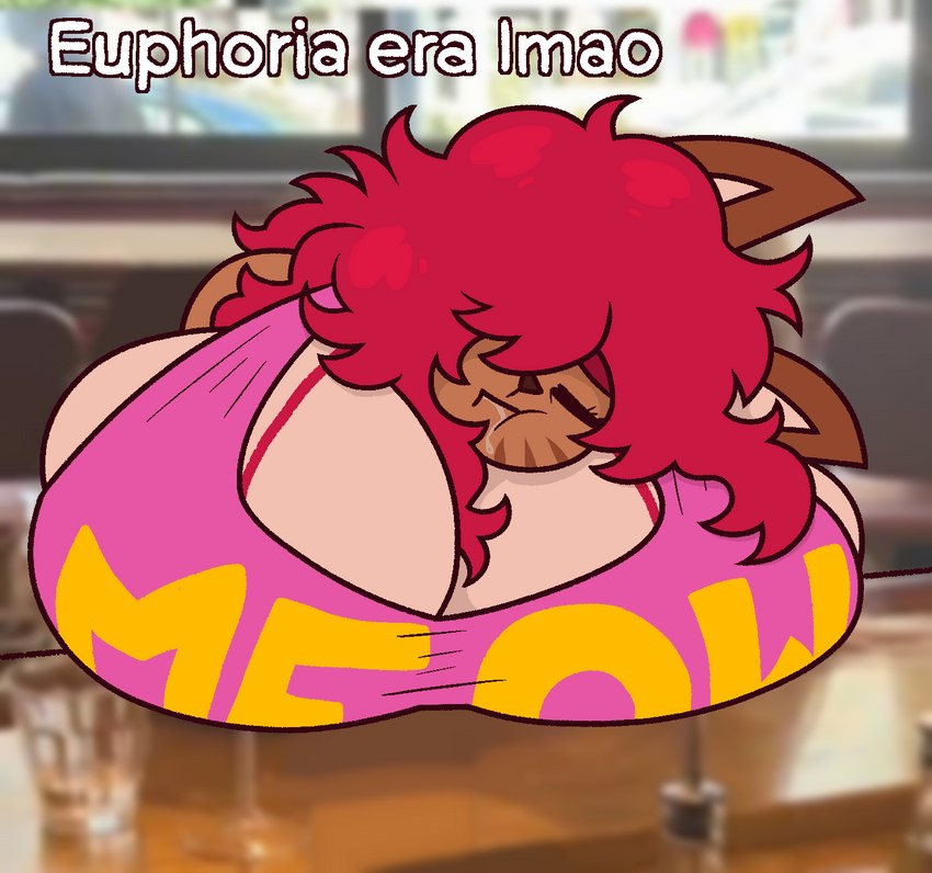 anthro bar_counter big_breasts bodily_fluids bra breast_rest breast_squish breasts brown_body brown_fur cleavage clothed clothing counter drooling euphoria_era_lmao eyelashes eyes_closed female fur hair head_on_breasts huge_breasts multicolored_body puffed_cheeks red_hair saliva shirt sleeping solo squish tank_top text text_on_clothing text_on_shirt text_on_tank_top text_on_topwear topwear underwear dapper_lil_arts sleeping_on_breasts_(meme) bonnie_(dapper_lil_arts) domestic_cat felid feline felis mammal english_text hi_res meme redraw