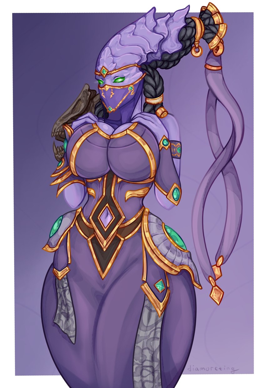 big_breasts breasts clothing female green_eyes looking_at_viewer navel simple_background solo thick_thighs wide_hips diamoreting blizzard_entertainment starcraft vorazun humanoid protoss absurd_res hi_res