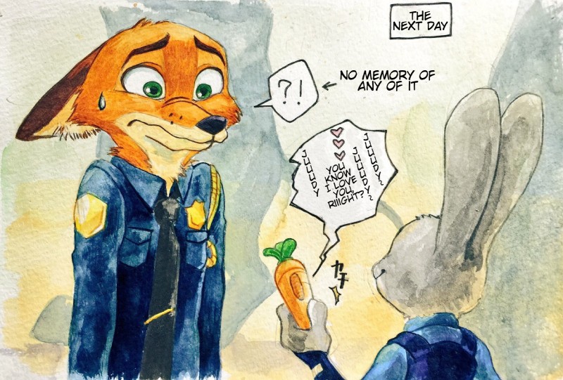 amnesia anthro awkward caption_box caught_in_the_act clothing confession directional_arrow duo female information_label interrobang male romantic_confession text text_box third-party_edit z_tsuruo disney zootopia judy_hopps nick_wilde canid canine fox lagomorph leporid mammal rabbit red_fox true_fox comic english_text hard_translated hi_res painting_(artwork) traditional_media_(artwork) translated watercolor_(artwork)