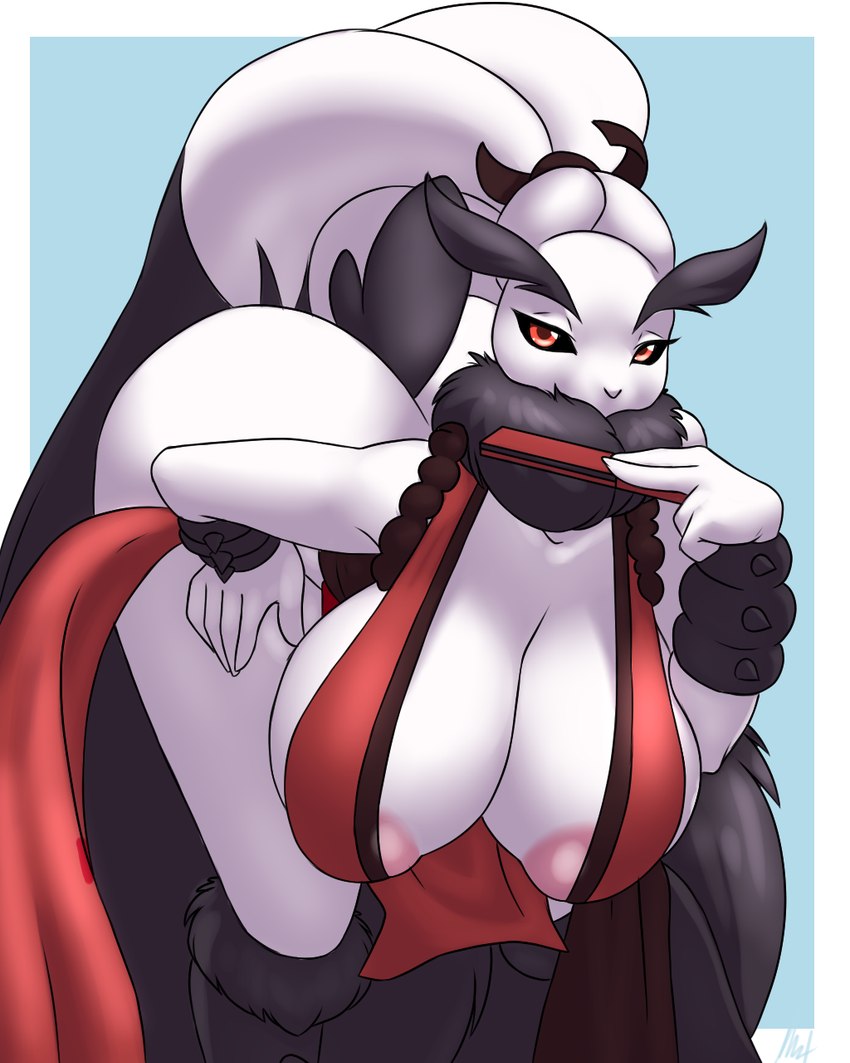 anthro areola areola_slip big_breasts black_body black_fur breasts cosplay dark_sclera female fur hanging_breasts huge_breasts nipples paper_fan pink_areola red_eyes solo white_body white_fur furball fatal_fury nintendo pokemon mai_shiranui generation_4_pokemon lagomorph leporid lopunny mammal pokemon_(species) rabbit 2024 4:5 hi_res