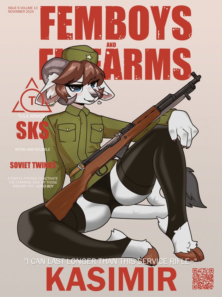 anthro blush clothing cloven_hooves curled_horn gun hat headgear headwear hooves horn legwear male ranged_weapon rifle sitting sks solo spread_legs spreading text thigh_highs underwear weapon marcus_gray bovid caprine mammal sheep 3:4 cover english_text hi_res magazine_cover