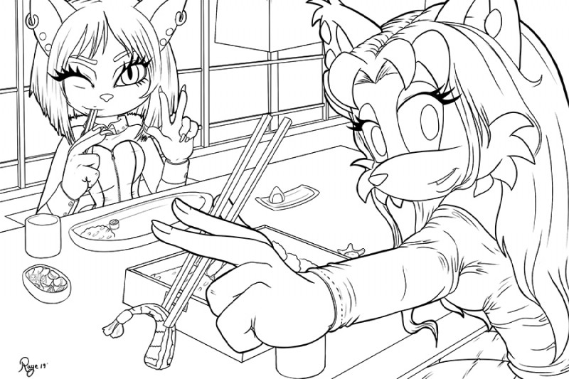 anthro breasts clothed clothing duo female food fur hair one_eye_closed sushi wink in_abyss amberette_(in_abyss) raye_(in_abyss) domestic_cat felid feline felis mammal 2019 3:2 monochrome