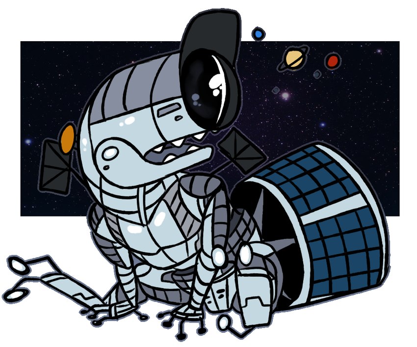 beady_eyes cosmic_background grey_body machine male one_eye_closed open_mouth planet satellite sitting solar_panel solo space space_background star teeth telescope imperatorcaesar living_machine