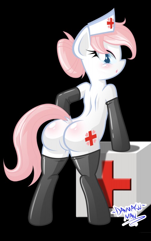 blue_eyes blush butt clothing cutie_mark female feral fur hair hat headgear headwear heart_symbol legwear looking_at_viewer nurse open_mouth pink_hair red_cross solo stockings white_body white_fur danmakuman friendship_is_magic hasbro my_little_pony nurse_redheart_(mlp) earth_pony equid equine horse mammal pony 2015 absurd_res alpha_channel hi_res