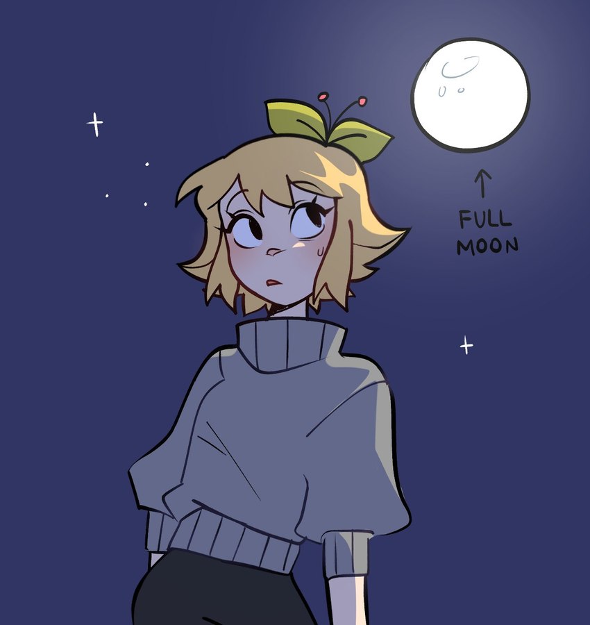 blonde_hair clothed clothing female full_moon hair human_only moon not_furry solo text cherry_beries berri_(cherry_beries) human mammal english_text hi_res