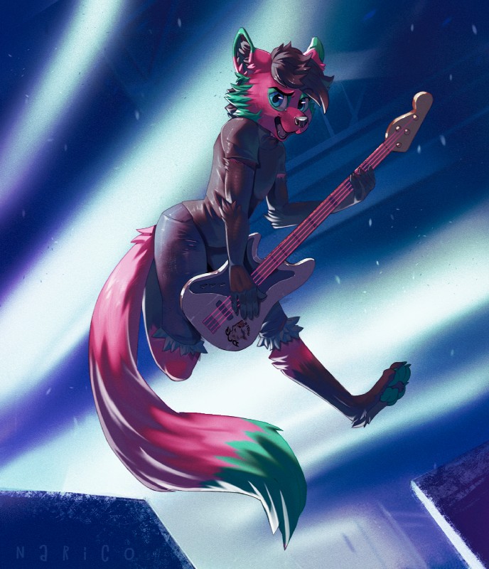 anthro bass_guitar clothed clothing electric_guitar femboy guitar hair looking_at_viewer male musical_instrument open_mouth paws plucked_string_instrument pose solo string_instrument tail narico fender_musical_instruments_corporation canid canine mammal hi_res