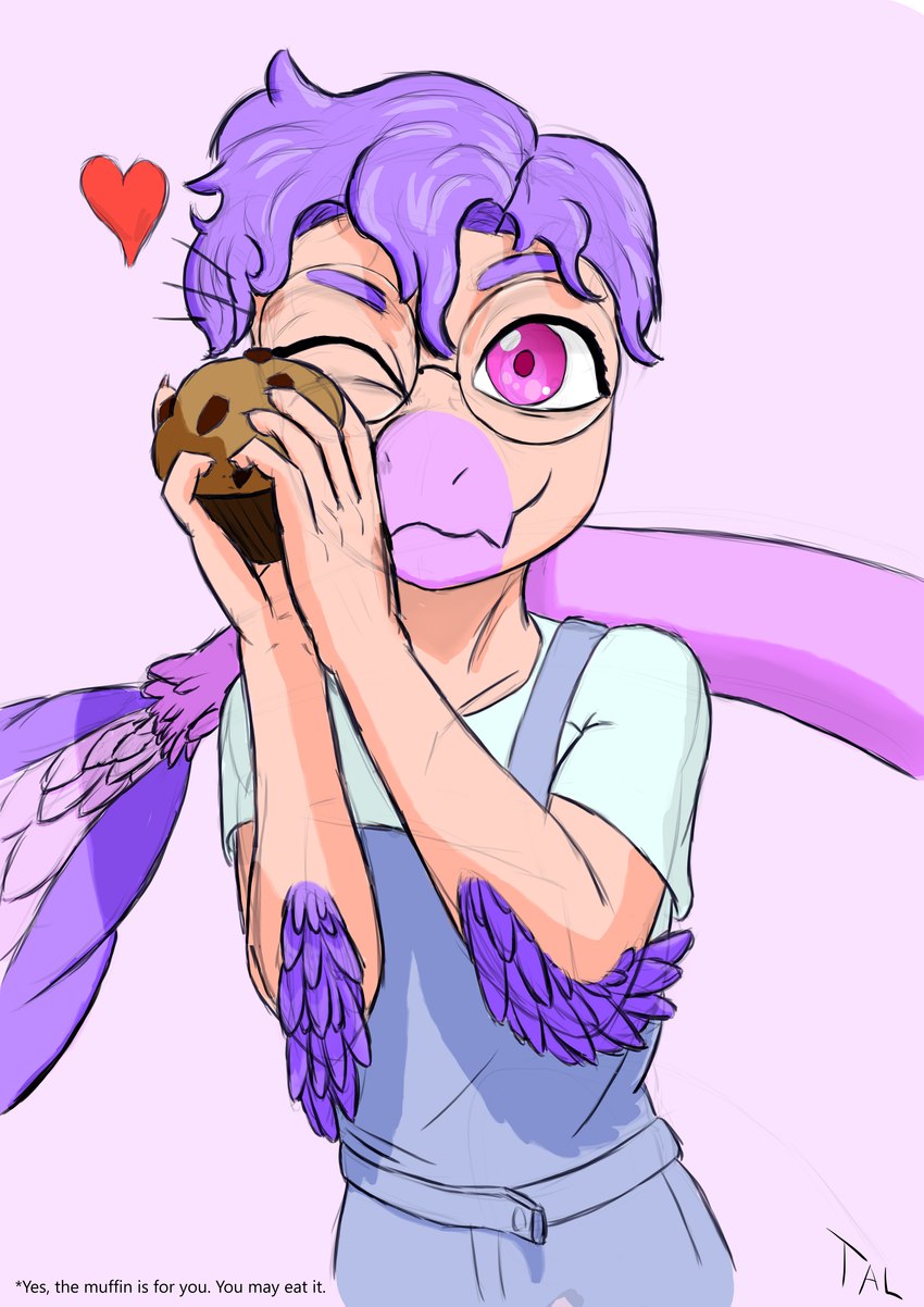 anthro biped blue_clothing blue_shirt blue_topwear clothing dialogue elbow_feathers eyebrows feathered_tail feathers femboy food front_view hair happy heart_symbol holding_object long_tail looking_at_viewer male muffin multicolored_body multicolored_scales one_eye_closed overalls pink_background purple_body purple_eyes purple_feathers purple_hair purple_scales scales shadow shirt short_hair simple_background smile solo tail talking_to_viewer tan_body tan_scales text topwear two_tone_body two_tone_scales tahilix goodbye_volcano_high sage_(gvh) dinosaur dromaeosaurid microraptor prehistoric_species reptile scalie theropod 2024 absurd_res colored english_text guide_lines half-length_portrait hi_res portrait shaded signature