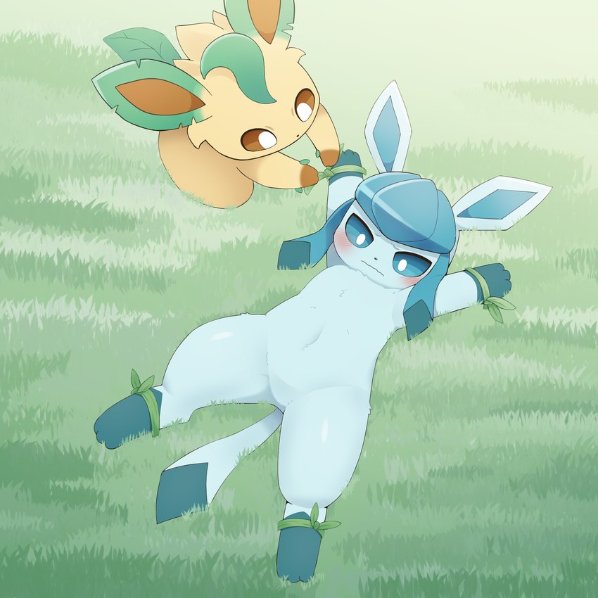 ambiguous_gender blue_body blue_fur blue_sclera blue_tail blush bound brown_body brown_sclera duo feral fur grass green_tail leaf leaf_tail lying multicolored_body navel on_back plant quadruped tail tan_body tan_fur wavy_mouth white_eyes sum nintendo pokemon eeveelution generation_4_pokemon glaceon leafeon pokemon_(species) 1:1 hi_res