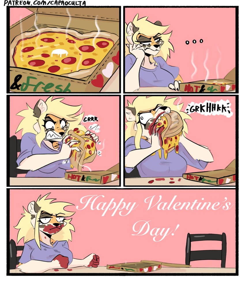 annoyed base_three_layout blockage_(layout) blue_clothing clothing eating female five_frame_image food frustration fur holidays horizontal_blockage humor orange_body orange_fur pizza solo text three_row_layout capaoculta valentine's_day alma_(capaoculta) cheetah felid feline mammal 2023 comic hi_res