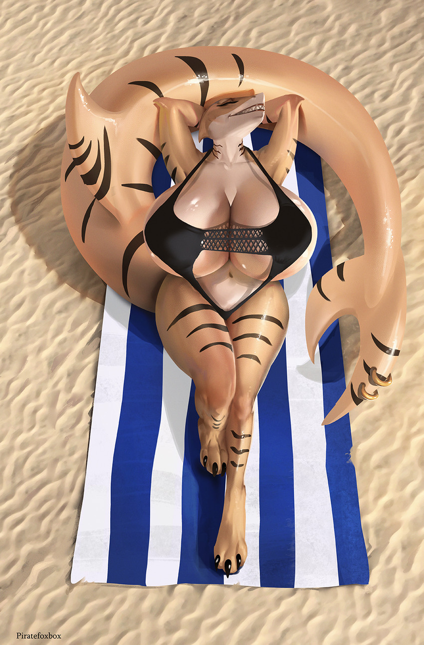 anthro beach big_breasts bikini breasts clothing female huge_breasts non-mammal_breasts sand seaside solo swimwear towel two-piece_swimsuit piratefoxbox fish marine shark hi_res