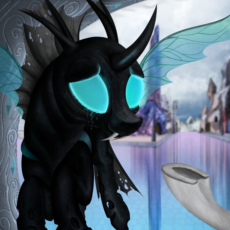 black_body black_skin blue_eyes bodily_fluids day detailed_background fangs feral flying hooves insect_wings male outside smile solo tears teeth wings konsumo friendship_is_magic hasbro my_little_pony thorax_(mlp) arthropod changeling 1:1 detailed hi_res