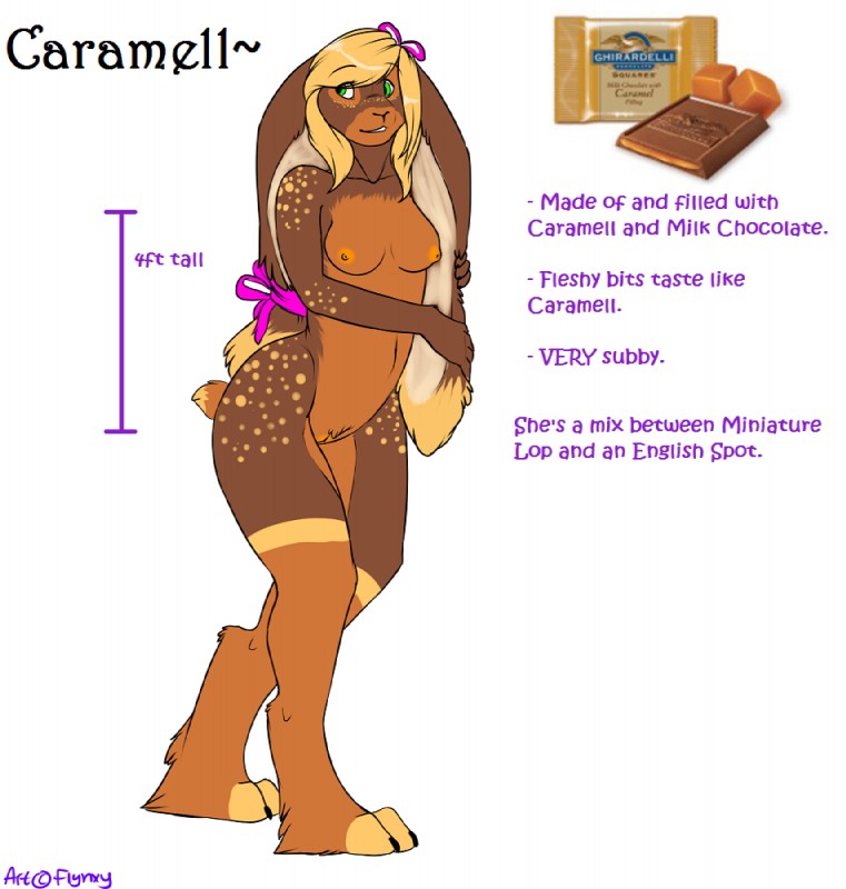 anthro biped blonde_hair breasts candy caramel_(food) chocolate dessert female food genitals green_eyes hair nude pussy simple_background solo standing text white_background flynx-flink caramell_(flynx-flink) food_creature lagomorph leporid living_candy mammal rabbit english_text