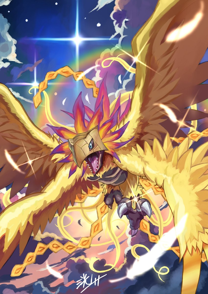 blue_eyes claws detailed_background feathers feet feral flying mask ring sharp_teeth sky skyscape solo talons teeth toes wings yellow_body yellow_feathers kou_glass_seed bandai_namco digimon digimon_(species) hououmon hi_res