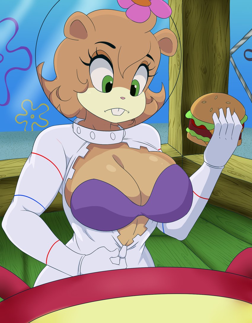 anthro big_breasts bra breasts bubble_helmet burger cheese cleavage clothed clothing dairy_products exposed_breasts female flower flower_accessory flower_cloud_(spongebob) flower_on_helmet food fruit green_eyes hair krabby_patty lettuce plant sandwich_(food) short_hair solo teeth the_krusty_krab tomato underwear unzipped unzipping vegetable zipper dalley-the-alpha nickelodeon spongebob_squarepants sandy_cheeks mammal rodent sciurid tree_squirrel 2023 hi_res