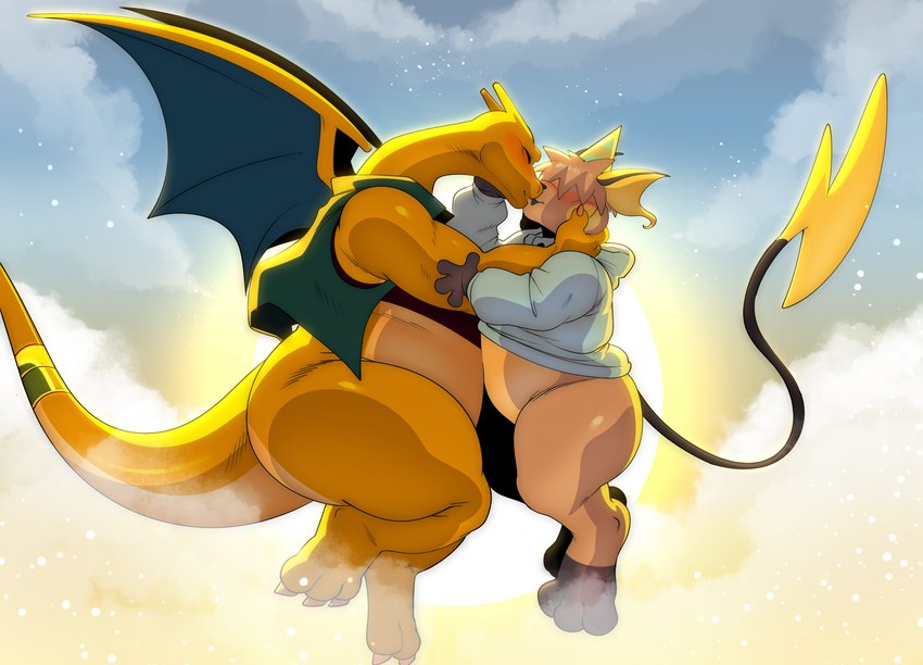 anthro blush bottomless clothed clothing cloud duo hair hair_over_eyes hoodie hug kissing male male/male orange_body overweight overweight_anthro overweight_male sky thick_thighs topwear wings satsui-n0-had0u nintendo pokemon ero_(erobos) hadou_(satsui-n0-had0u) charizard generation_1_pokemon pokemon_(species) raichu 2023 hi_res