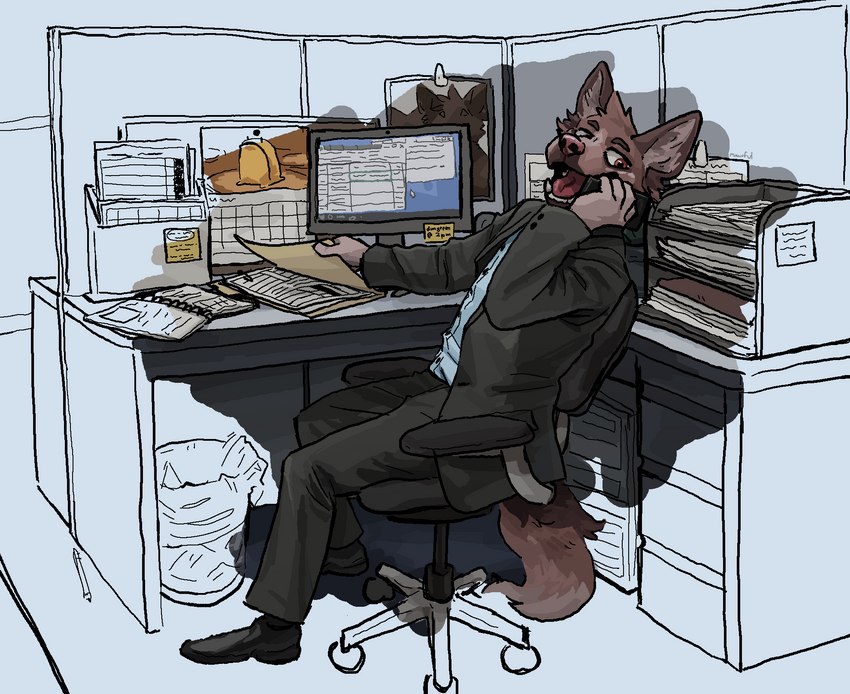 anthro biped brown_body brown_fur clothed clothing detailed_background electronics footwear fur holding_object holding_phone inside male office open_mouth phone phone_call shoes sitting solo suit mawfulme canid canine mammal 2021 hi_res