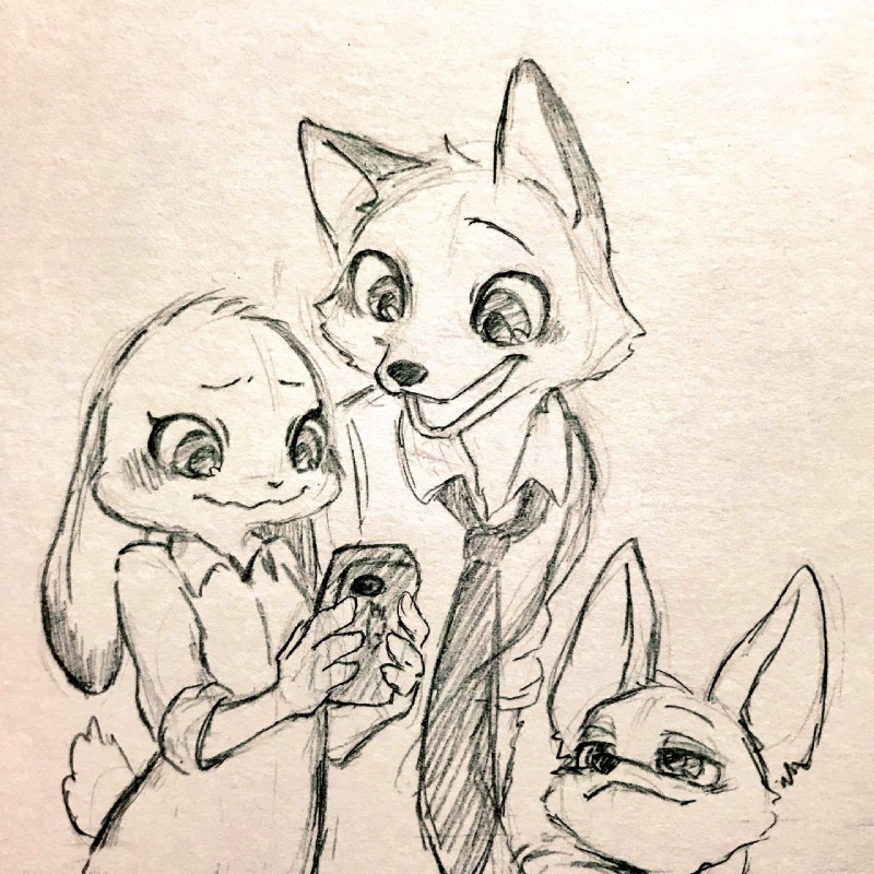 anthro clothing female group male simple_background aomaroo disney zootopia finnick_(zootopia) judy_hopps nick_wilde canid canine fennec_fox fox lagomorph leporid mammal rabbit red_fox true_fox 1:1 graphite_(artwork) hi_res traditional_media_(artwork)