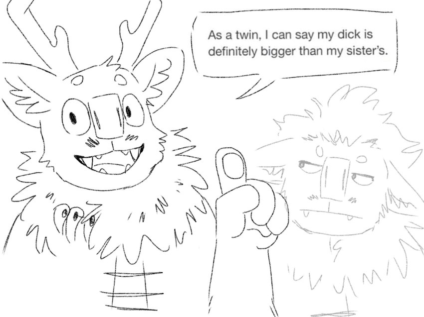 antlers big_nose duo fangs female fluffy handpaw horn inner_ear_fluff male neutral_expression paws smile teeth text tuft rgb_(artist) humanoid troll_(mythology) english_text hi_res meme monochrome sketch sibling_(lore) twins_(lore)