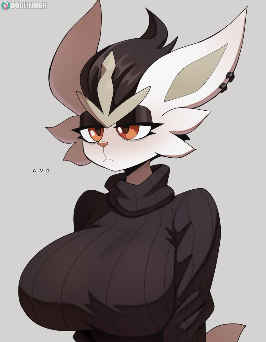 anthro big_breasts biped black_body black_clothing black_fur black_sweater black_topwear blush breasts clothed clothing ear_piercing ellipsis female frown fur grey_background mouth_closed orange_eyes piercing pupils short_tail simple_background solo sweater tail topwear white_body white_fur white_tail cooliehigh nintendo pokemon cinderace generation_8_pokemon pokemon_(species) 2024 hi_res