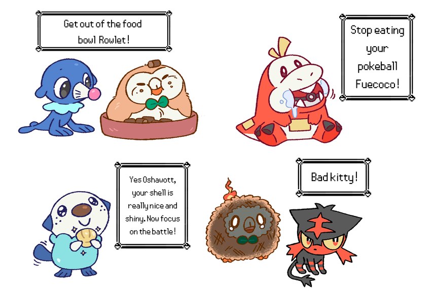 ambiguous_gender bodily_fluids burnt cat_food chewing dialogue_box feral fire food group narration pet_food pokeball saliva tail tail_motion tailwag text wounded doodlelot nintendo pokemon fuecoco generation_5_pokemon generation_7_pokemon generation_9_pokemon litten oshawott pokemon_(species) popplio rowlet absurd_res english_text hi_res