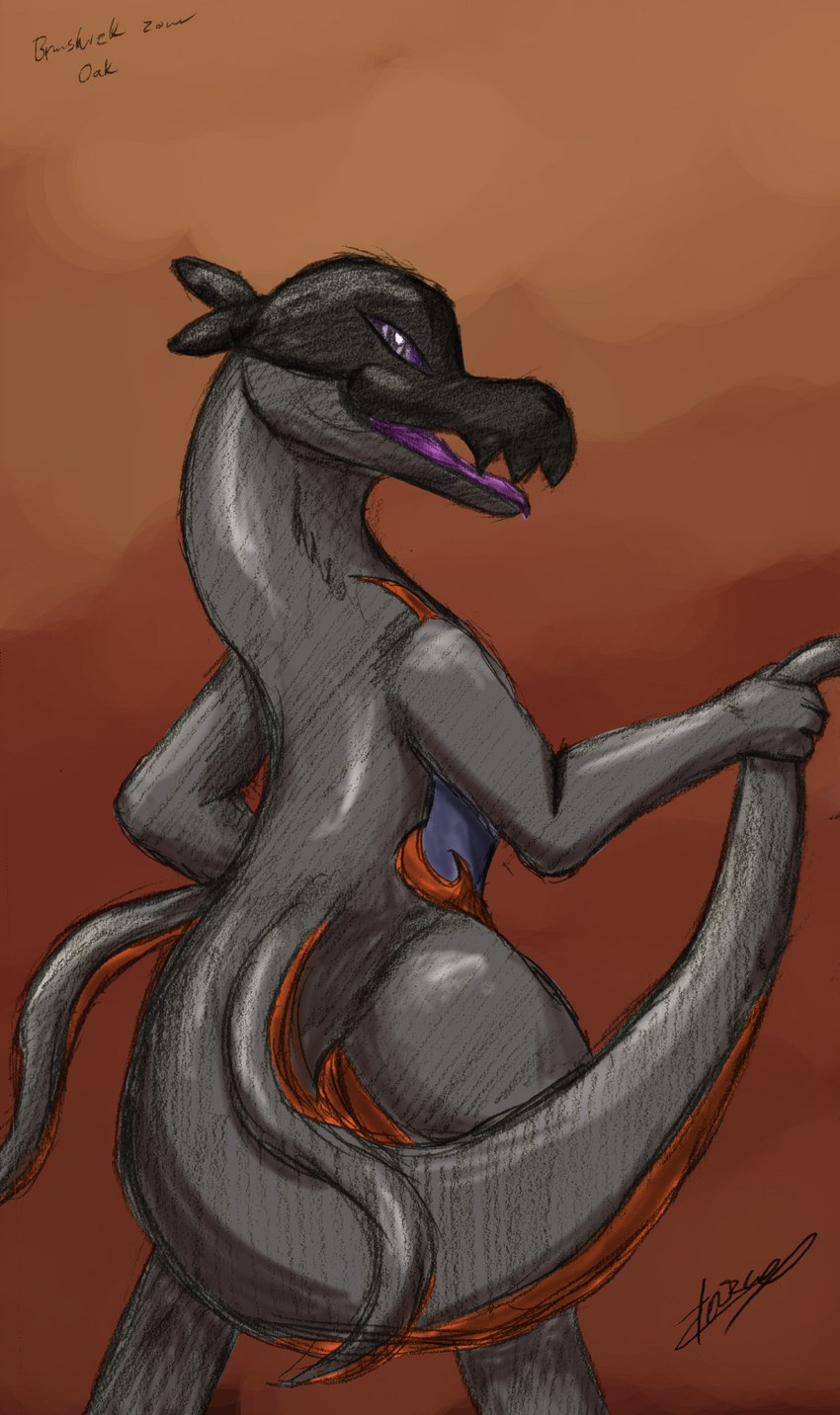 anthro biped black_body black_scales grey_body grey_scales male markings open_mouth purple_eyes purple_markings red_body red_markings red_scales scales solo tail tail_grab gyrotech xeirla nintendo pokemon fan_character saul_ashle generation_7_pokemon hybrid pokemon_(species) salandit salazzle absurd_res hi_res