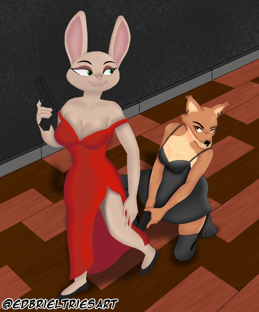 3_toes 5_fingers anthro big_breasts black_clothing black_footwear black_legwear black_nose black_shoes black_stockings breasts brown_body brown_fur cleavage clothed clothing crouching dress duo ear_piercing ear_ring feet female fingers flats_(shoes) footwear fur green_eyes grey_body grey_fur gun handgun holding_gun holding_object holding_ranged_weapon holding_weapon inside legwear looking_at_another looking_back looking_up medium_breasts orange_eyes piercing pink_inner_ear pink_nose pistol pupils ranged_weapon red_clothing red_dress ring_piercing shoes smile standing stockings tan_body tan_fur tan_inner_ear toes weapon edbriel_tries_art liar's_bar cupcake_(liar's_bar) foxy_(liar's_bar) canid canine fox lagomorph leporid mammal rabbit 2024 hi_res