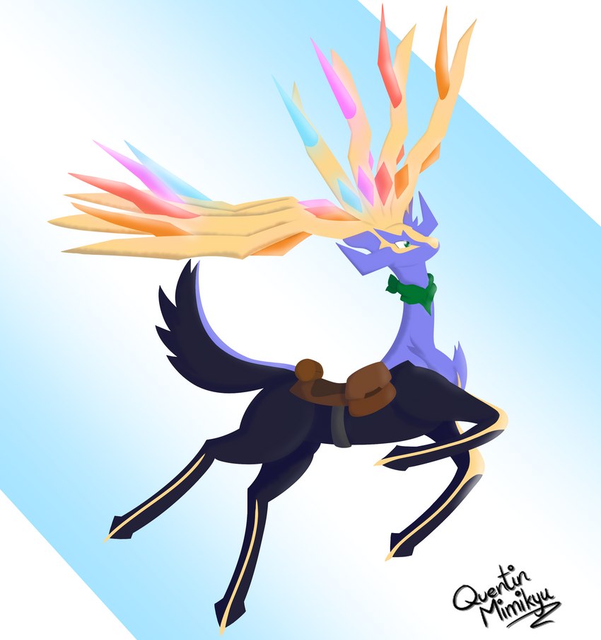 feral male saddle saddle_bag scarf solo watson_the_xerneas quentinmimikyu nintendo pokemon generation_6_pokemon legendary_pokemon pokemon_(species) xerneas xerneas_(active_mode) absurd_res hi_res