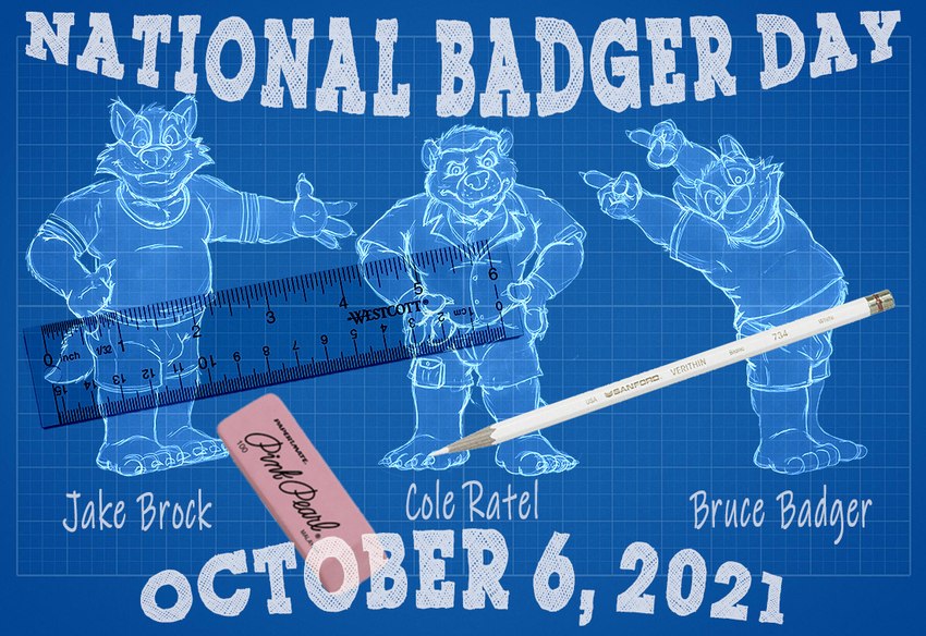 anthro blue_background bulge cole_ratel detailed_background eraser grid group jake_brock male pencil ruler simple_background text trio white_pencil white_text brucebadger national_badger_day bruce_(brucebadger) badger mammal mustelid musteline 2021 english_text monochrome sketch