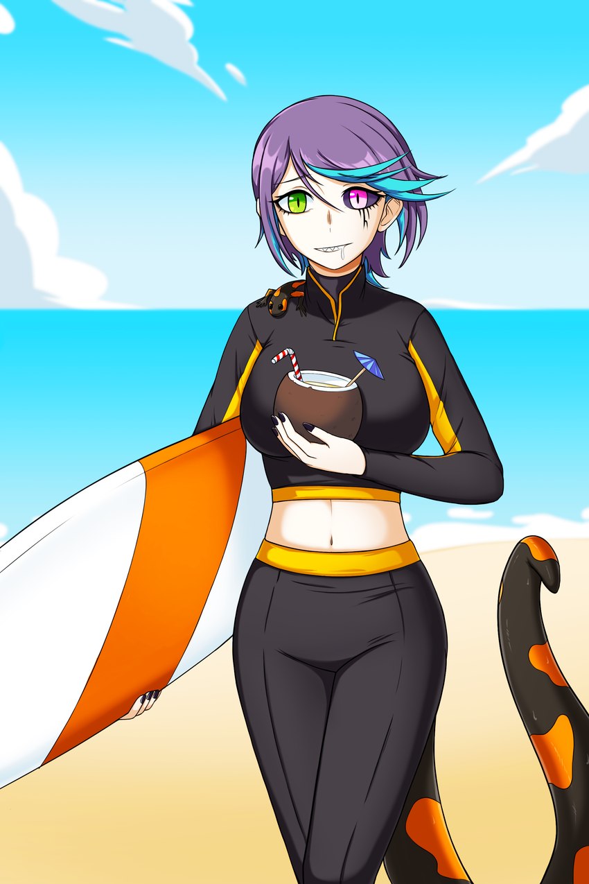 beach beverage black_sclera blue_hair bodily_fluids breasts coconut coconut_drink drupe_(fruit) duo female feral food fruit hair heterochromia midriff multicolored_hair oripathy_lesion plant purple_hair saliva sharp_teeth sky solo_focus surfboard tail teeth wetsuit mass_produced_p arknights hypergryph studio_montagne asbestos_(arknights) amphibian amphibian_humanoid animal_humanoid humanoid salamander salamander_humanoid tailed_humanoid 2021 2:3 absurd_res hi_res