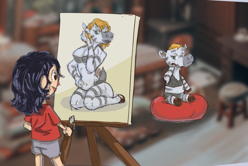 anthro blurred_background brush canvas clothed clothing detailed_background duo easel female hair kneeling male male/female paintbrush sitting standing stripes caramellada animal_crossing nintendo savannah_(animal_crossing) equid equine human humanoid mammal zebra hi_res