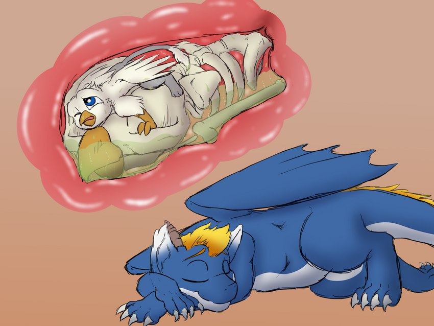 blue_body bodily_fluids bone bones_in_stomach collar countershading death digestion fatal_vore feral feral_pred feral_prey horn inside_stomach internal larger_pred male male_pred male_prey micro multiple_prey open_mouth organs size_difference skull sleeping stomach stomach_acid vore white_body percy_technic silent_e european_mythology mythology der gyro_feather nyama avian dragon gryphon mythological_avian mythological_creature mythological_scalie scalie western_dragon 4:3 hi_res