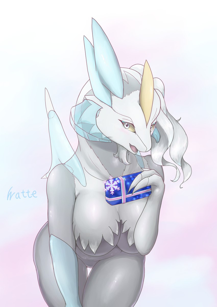 3_fingers anthro asymmetry blush breasts claws female finger_claws fingers fur grey_body grey_skin hair horn ice looking_at_viewer navel open_mouth simple_background smile solo white_hair yellow_eyes watte mythology nintendo pokemon shirokyure_(watte) dragon generation_5_pokemon kyurem legendary_pokemon mythological_creature mythological_scalie pokemon_(species) scalie white_kyurem absurd_res hi_res