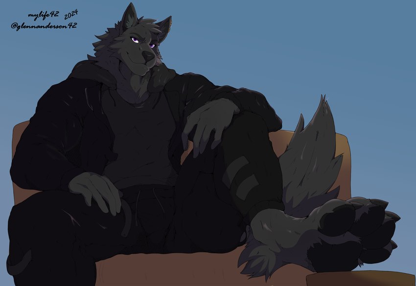 4_toes 5_fingers anthro biped black_pawpads claws clothed clothing digitigrade feet fingers foot_focus hindpaw lounging male male_anthro pawpads paws sitting toe_claws toes mylife42 nevith canid canine canis mammal wolf 2024 absurd_res digital_media_(artwork) hi_res