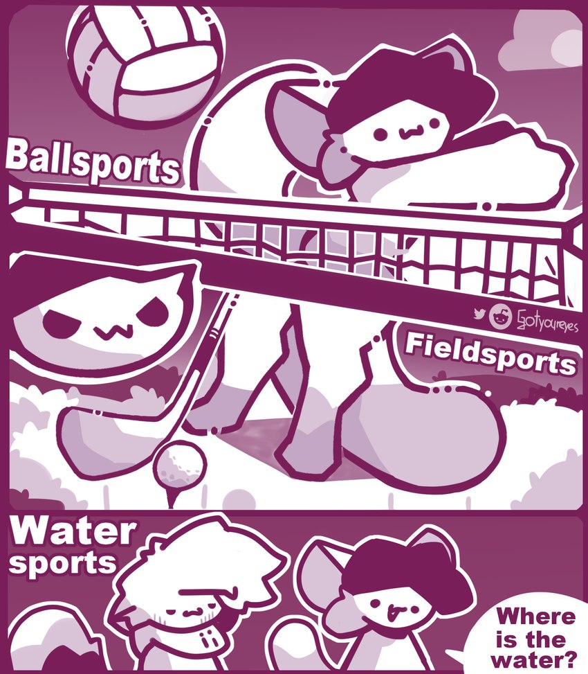 anthro ball cloud dialogue dot_eyes duo golf_ball golf_club grass humor male plant question simple_eyes sky speech_bubble sport text volleyball volleyball_(ball) gotyoureyes felid feline mammal comic english_text hi_res meme