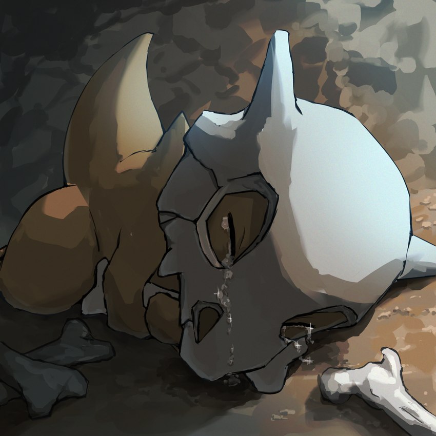 ambiguous_anthro ambiguous_gender anthro biped bodily_fluids bone brown_body brown_scales brown_tail cave crying eyes_closed hug hugging_object light lying on_side sad scales semi-anthro skull skull_head snout solo sparkles tail tapering_tail tears thick_tail spicyichizo nintendo pokemon cubone generation_1_pokemon pokemon_(species) scalie 1:1 2025 absurd_res hi_res lighting shaded