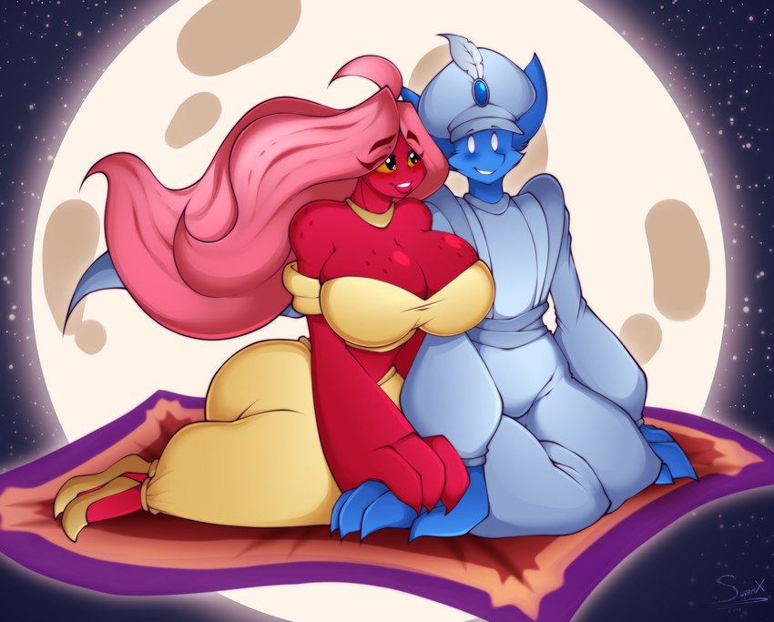 anthro big_breasts big_hands blue_body blue_fur blush breasts carpet cleavage clothed clothing cosplay curvy_figure detailed_background dress duo eyelashes feet female fingers footwear freckled_breasts freckled_shoulders freckles fur hair hourglass_figure huge_breasts long_hair magic_carpet male moon night no_pupils pink_hair red_body red_skin shoes simple_eyes sitting smile teeth thick_thighs topwear tube_top voluptuous wide_hips yellow_sclera superix disney disney's_aladdin kili_(kilinah) kyoob_(thegentlebro) canid canine fox humanoid mammal mimic 2019 absurd_res artist_name digital_media_(artwork) hi_res signature