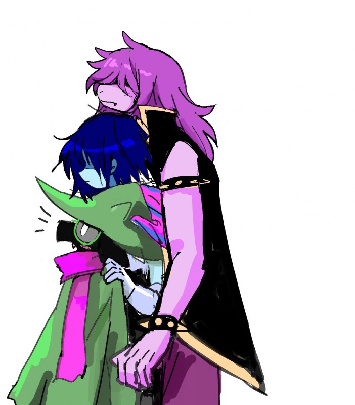 anthro clothed clothing duo female hair hug male simple_background smile chokaso deltarune undertale_(series) kris_(deltarune) ralsei susie_(deltarune) bovid caprine darkner goat human mammal reptile scalie 2019 digital_media_(artwork) hi_res