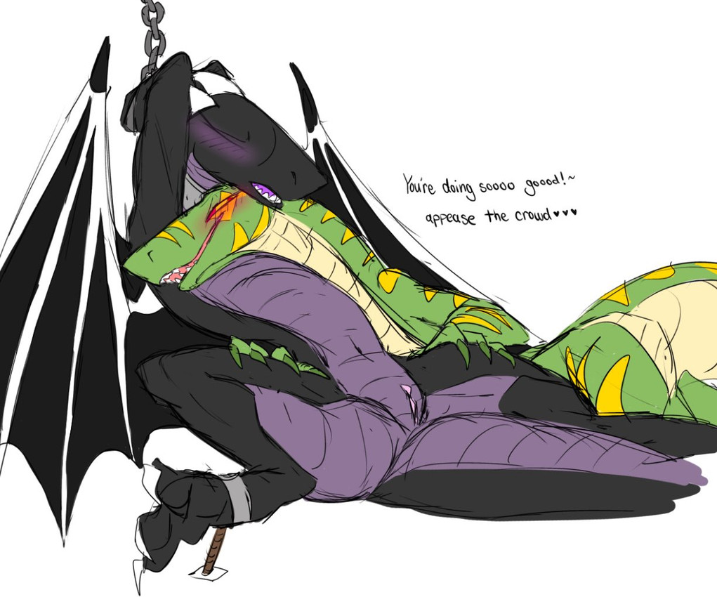 anthro blush blush_lines bound chain chained duo exclamation_point eyes_closed featureless_chest female genitals heart_symbol lying lying_on_another open_mouth simple_background snout spread_legs spreading text vulva white_background wings jenghck microsoft minecraft mojang mythology xbox_game_studios greeva_(jenghck) jean_(minecraft) boa_(snake) boinae dragon emerald_tree_boa mythological_creature mythological_scalie reptile scalie snake