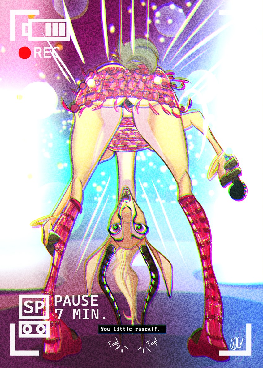 angry anthro bent_over blonde_hair bracelet breasts bright_colors butt camera caught_off_guard caught_on_camera clothing concert dress electronics female footwear fur hair hooves horn jewelry looking_at_viewer loose_hair microphone open_mouth orange_body orange_fur public red_clothing red_dress shoes short_dress simple_background socks solo sparkles spread_legs spreading text tight_clothing tight_topwear topwear vhs_filter wide_hips yellow_body yellow_fur auga disney zootopia gazelle_(zootopia) antelope bovid gazelle mammal absurd_res english_text hi_res