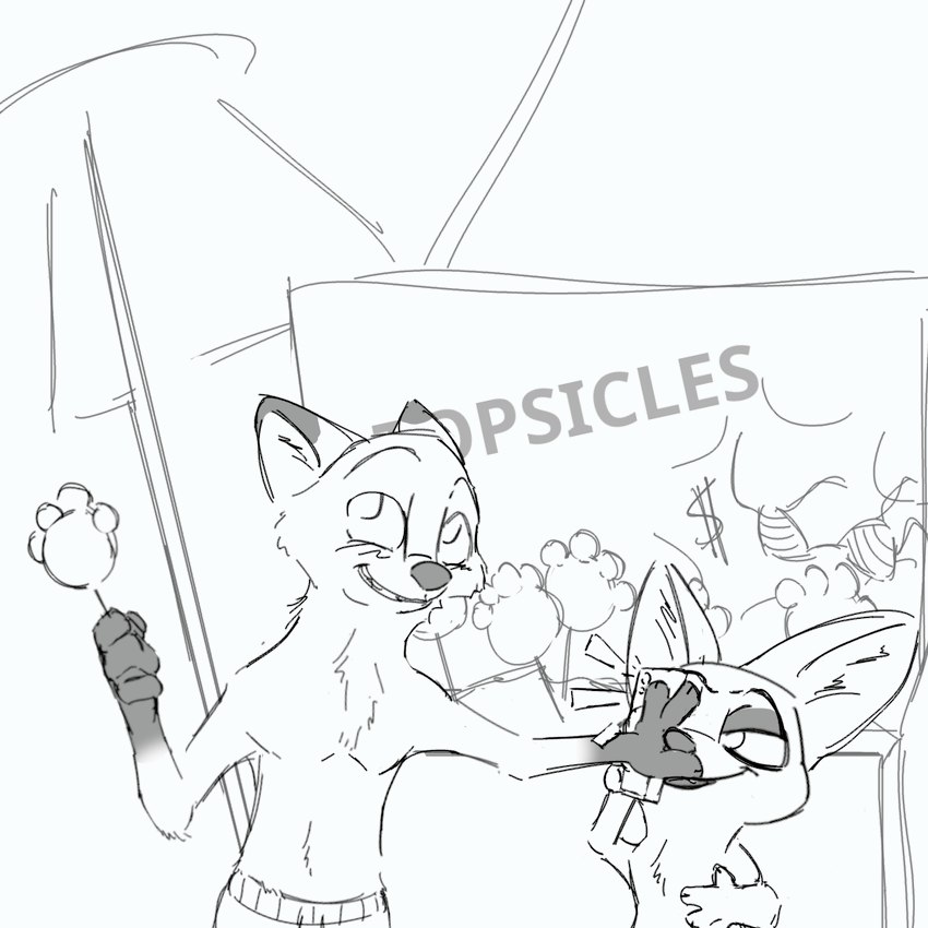 4_fingers anthro blush blush_lines clothed clothing currency_symbol dollar_sign duo electronics emanata fingers food gloves_(marking) holding_food holding_object male male/male markings pawpsicle phone popsicle simple_background smile swimming_trunks swimwear symbol taking_picture text topless topless_male umbrella thermite disney zootopia finnick_(zootopia) nick_wilde canid canine fennec_fox fox mammal red_fox true_fox 1:1 2023 english_text monochrome