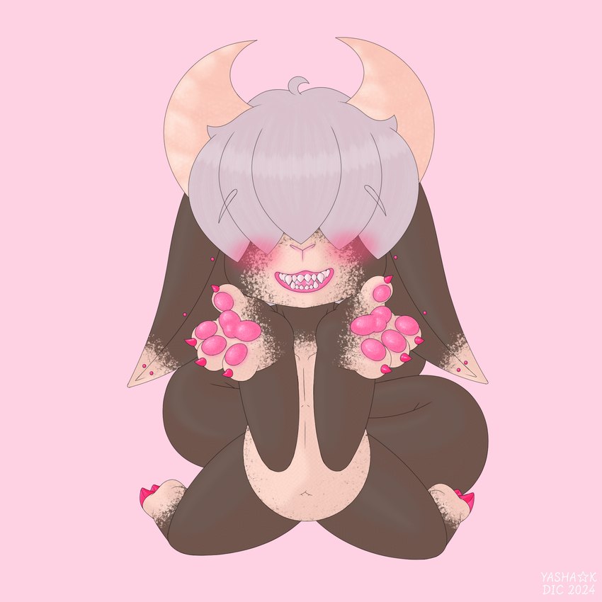 2_horns 4_fingers ahoge ambiguous_gender blush brown_body brown_scales claws cute_fangs digitigrade ear_piercing ear_ring ears_down fangs fingers fluffy fluffy_hair grey_hair hair hair_over_eyes hooves horn kemono kneeling long_tail markings navel open_mouth open_smile pawpads piercing pink_claws pink_hooves pink_pawpads pivoted_ears ring_piercing scales slightly_chubby smile spots spotted_arms spotted_body spotted_ears spotted_face spotted_legs tail tan_body tan_horn tan_scales teeth toothy_smile young yashak_(artist) mythology yasha_(yashak) bovid caprine dragon mammal mythological_creature mythological_scalie reptile scalie 1:1 2024 hi_res male_(lore)