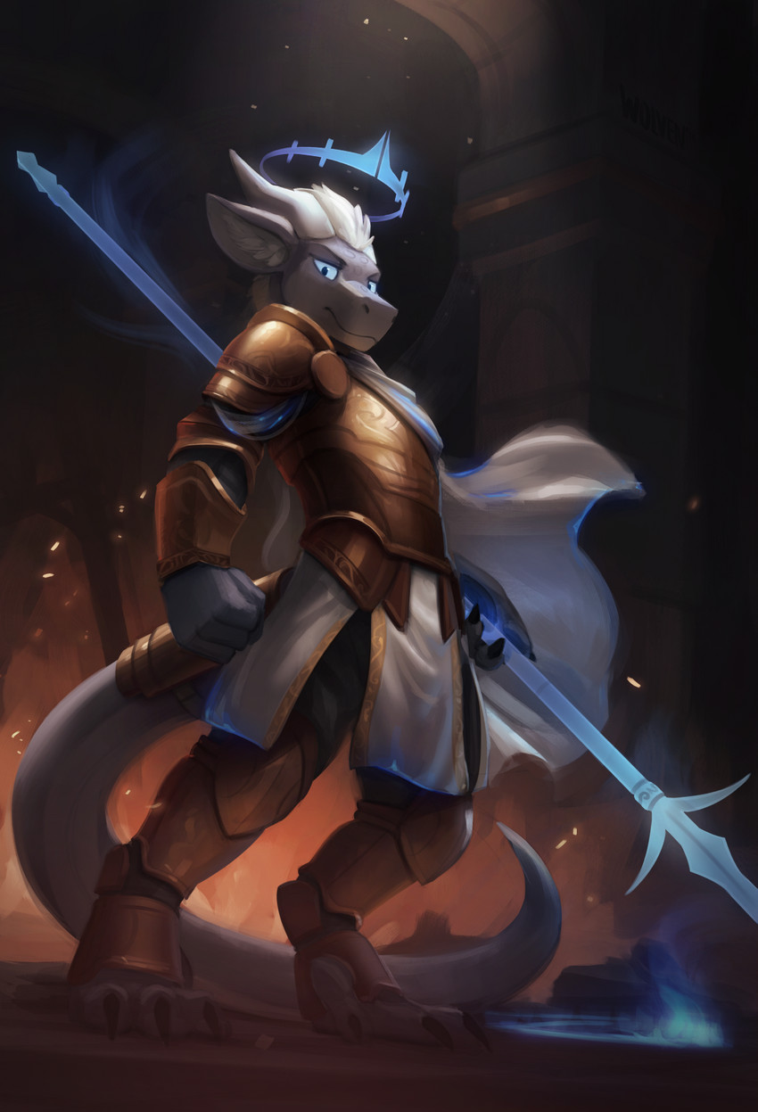 anthro armor biped blue_eyes claws clenched_teeth cloak clothed clothing detailed_background hair halo holding_melee_weapon holding_object holding_polearm holding_spear holding_weapon horn inner_ear_fluff looking_at_viewer low-angle_view male melee_weapon paws polearm solo spear teeth text tuft weapon white_cloak white_clothing white_hair itswolven cole_(awearykobold) kobold scalie 2018 english_text hi_res signature