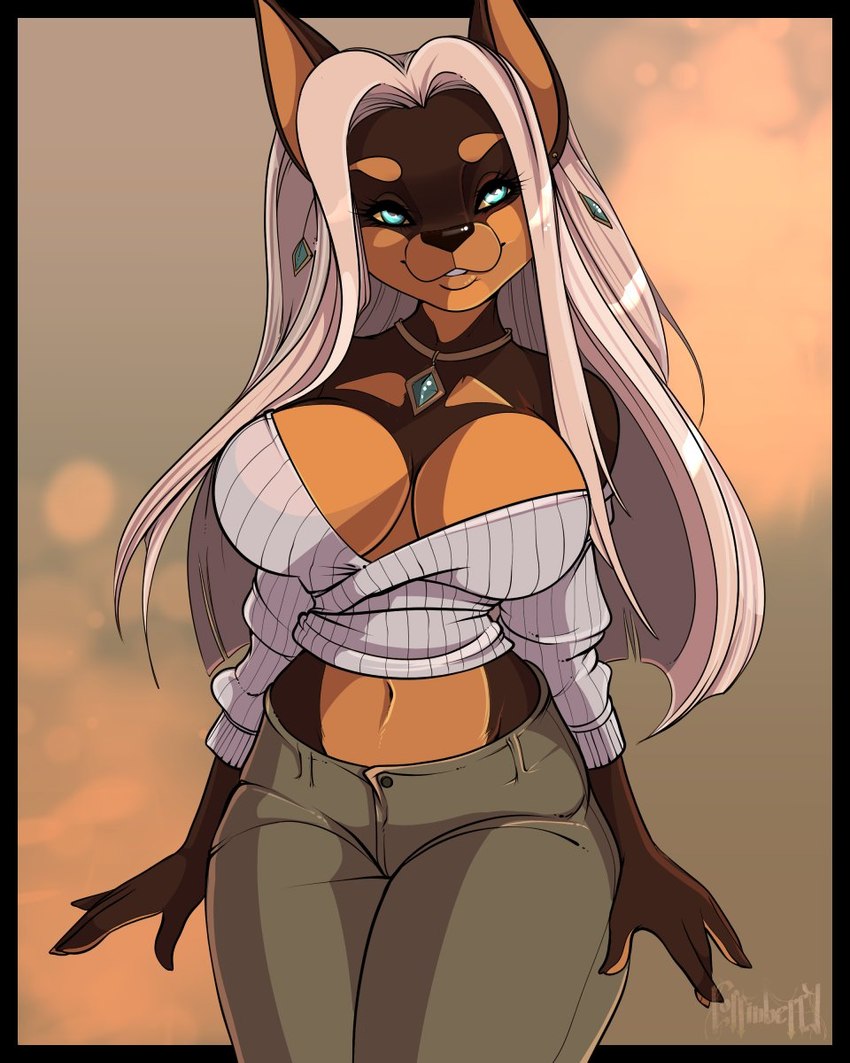 anthro breasts cleavage clothed clothing ear_piercing female jewelry looking_at_viewer necklace piercing small_shirt solo coffinberry rose_gold_(character) canid canine canis domestic_dog mammal 4:5 hi_res