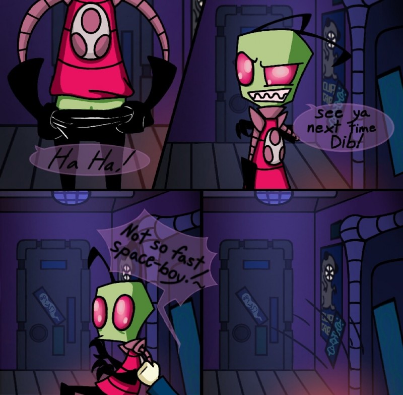 antennae_(anatomy) arm_grab clothed clothing dialogue disembodied_hand duo green_body green_skin grin imminent_sex inside irken_teeth male not_furry pak smile solo_focus speech_bubble teeth text invader_zim nickelodeon dib_membrane zim_(invader_zim) alien alien_humanoid humanoid irken comic english_text