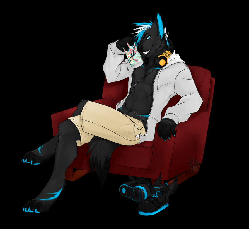 anthro biped blue_eyes blue_hair bottomwear chair clothing electronics fur furniture hair headgear headphones headset jacket male shorts simple_background sitting smile solo topwear transparent_background galix_artistry canid canine canis mammal wolf alpha_channel digital_media_(artwork)