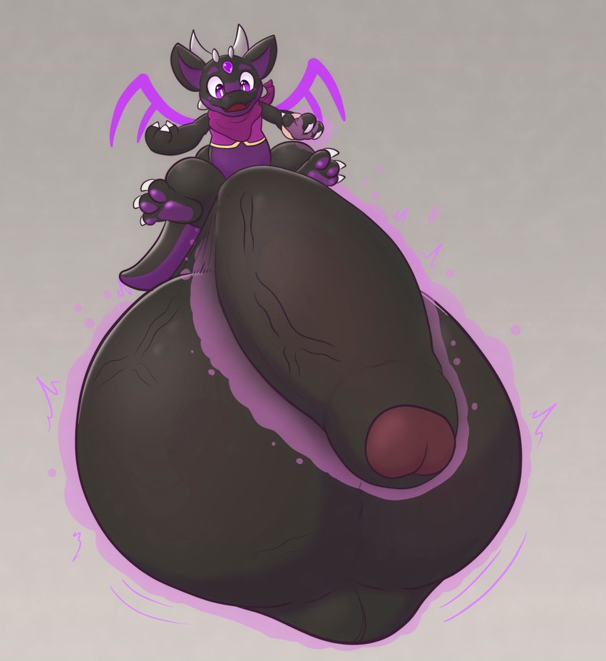 anthro balls big_balls big_penis black_body claws clothed clothing erection expansion fingers gem genital_expansion genitals horn huge_balls huge_penis hyper hyper_balls hyper_genitalia hyper_penis male multicolored_body open_mouth penis purple_eyes purple_gem short_stack simple_background small_but_hung solo spikes tail toe_claws vezerem mythology vezar_(vezerem) dragon mythological_creature mythological_scalie scalie hi_res