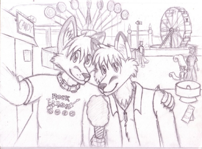 amusement_park amusement_ride anthro candy clothed clothing collar cotton_candy dessert detailed_background duo_focus ferris_wheel food group looking_at_viewer male male/male outside rock_band romantic romantic_couple tail topwear vest metal_fox117 ash_(metal_fox) kelix canid canine mammal monochrome sketch