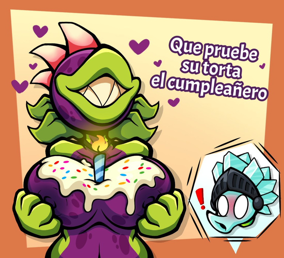 areola big_breasts breasts candle cream_(food) cutaway duo exclamation_point eyeless female fingers food front_view geometric_background green_body heart_symbol holding_breast leaf lips multicolored_body nipples not_furry o_o plant purple_body sharp_teeth simple_background smile spikes spikes_(anatomy) teeth text thick_lips two_tone_body wide_eyed handermyu electronic_arts plants_vs._zombies popcap_games chomper_(pvz) elemental_creature elemental_humanoid flora_fauna humanoid plant_humanoid snow_pea_(pvz) 2025 digital_drawing_(artwork) digital_media_(artwork) spanish_text translated