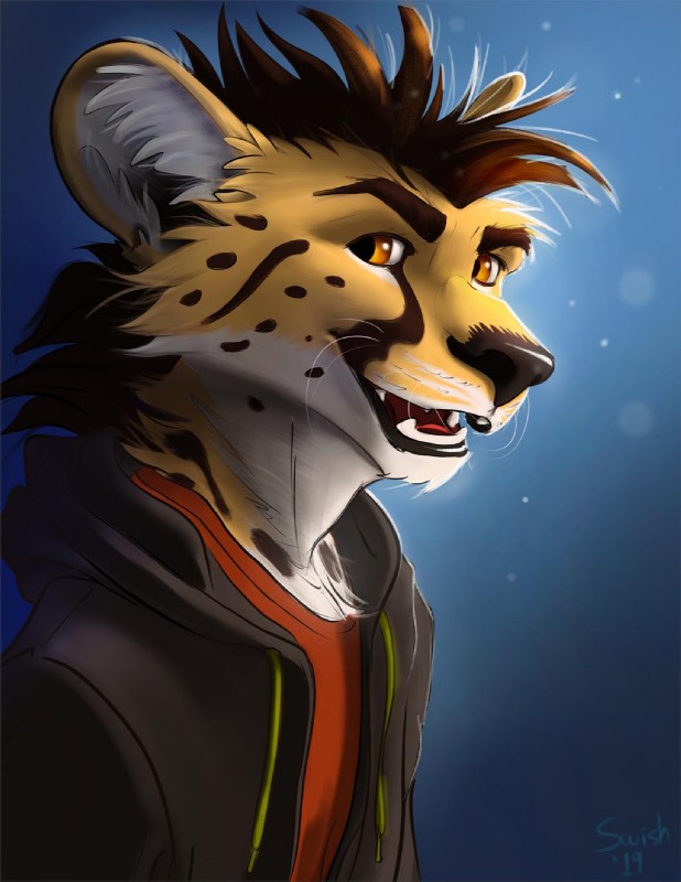 anthro brown_hair clothed clothing eyebrows facial_markings fur hair head_markings male markings open_mouth solo spots spotted_body spotted_fur tear_(marking) swish swish_(character) cheetah felid feline mammal 2019 digital_media_(artwork) headshot_portrait hi_res portrait