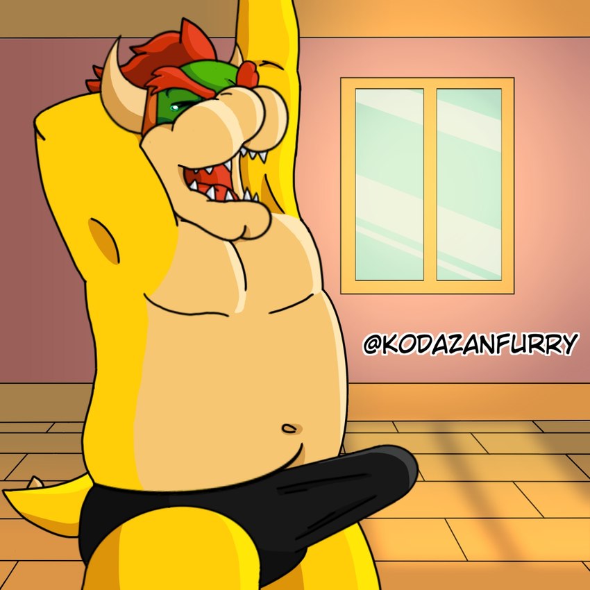 anthro belly big_belly big_muscles bodily_fluids bulge butt clothed clothing detailed_bulge ejaculation erection erection_under_clothing eyebrows eyes_closed fangs genital_outline hair hands-free hands_behind_head horn house_background inside male morning morning_wood muscular navel open_mouth overweight penis_outline red_hair scales slightly_chubby slightly_chubby_male solo standing stretching tail tanga tears teeth tenting thong thong_only topless underwear underwear_only ventral_scales window window_light yawn yawning_position yellow_body yellow_scales yellow_tail edukart21 monsterfurryr34 mario_bros nintendo bowser koopa mammal scalie 1:1